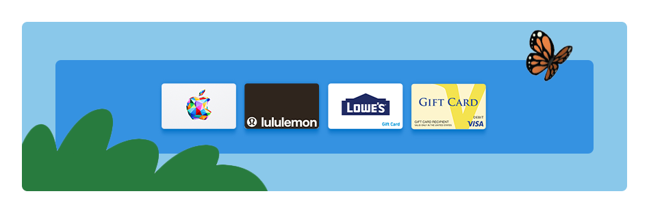 Apple, Lululemon, and Lowes gift cards floating on a colorful background.