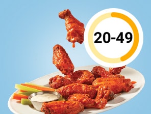 Sauced chicken wings with a side of ranch and celery and carrot sticks, scoring between 20-49.