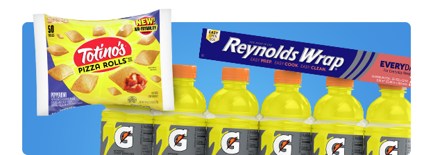 Pizza rolls next to foil and gatorade