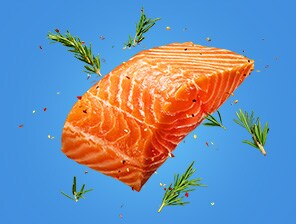 Grilled salmon with seasoning and herbs.