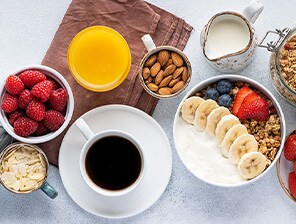 Spread of various foods and drinks