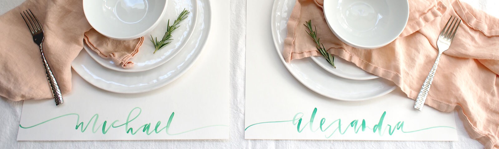 Calligraphic writing of names that act as placecards at dinner 