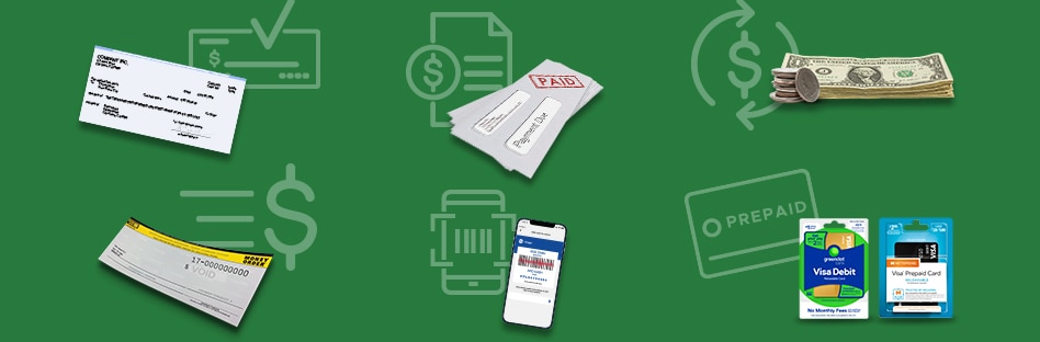 Consolidated representation of all the money services available at Metro Market including check cashing, bill pay, money transfers, money orders, account funding, and prepaid cards.